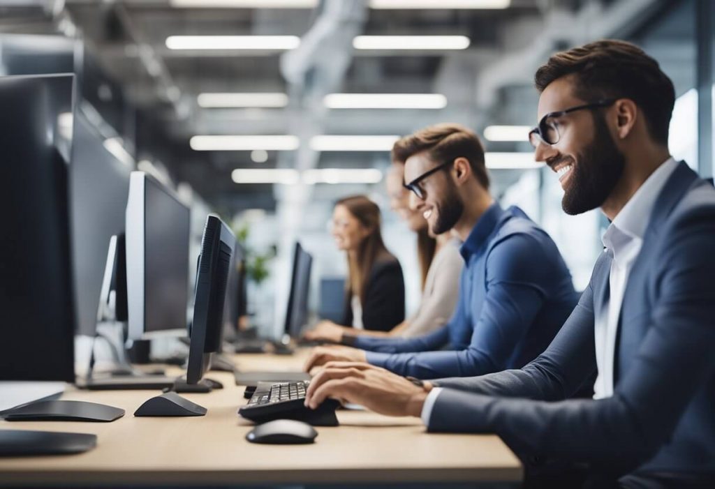 A bustling office with employees collaborating on innovative CRM strategies while an outsourced team works seamlessly to improve customer relationships