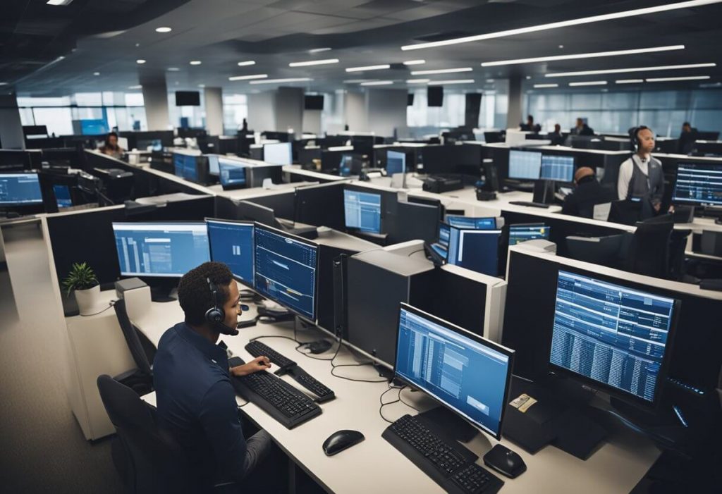 A busy call center with agents on headsets working on computers and a manager overseeing operations