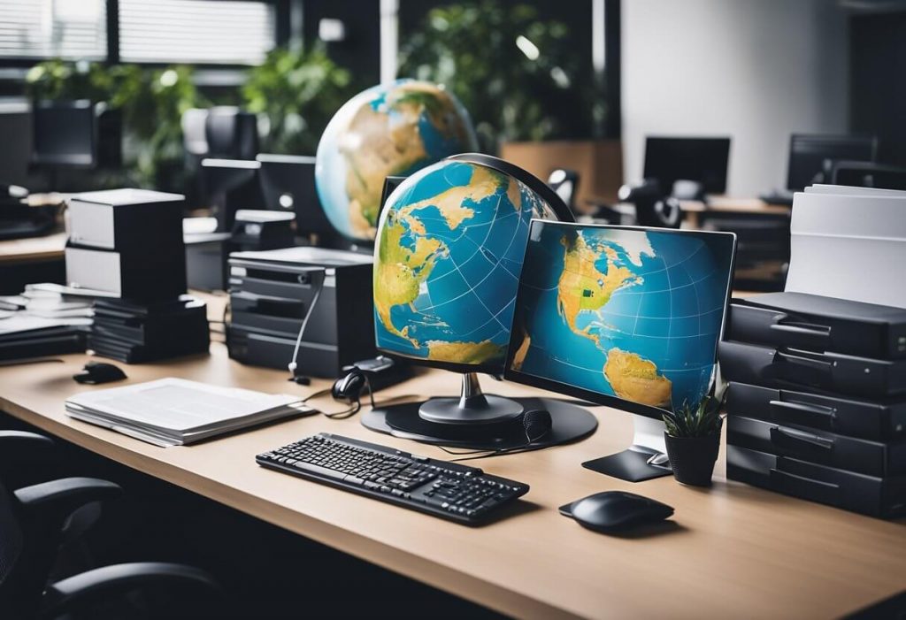 A busy office desk with a laptop headset and paperwork surrounded by a globe indicating global operations