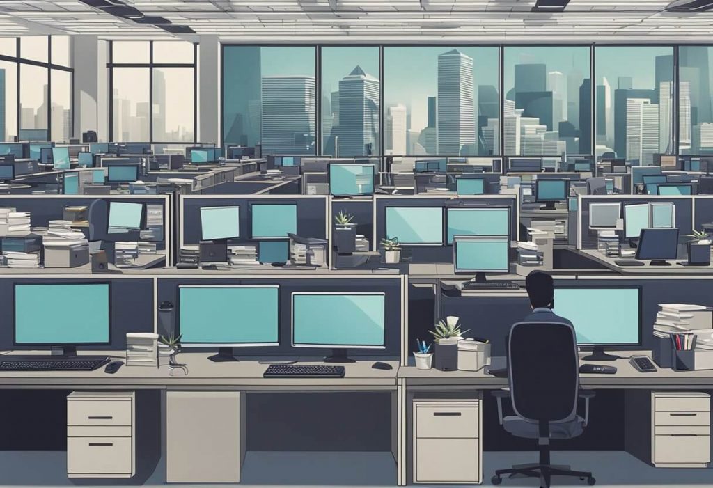 A busy office with multiple computer screens and documents being organized while a virtual assistant oversees the operations from a remote location