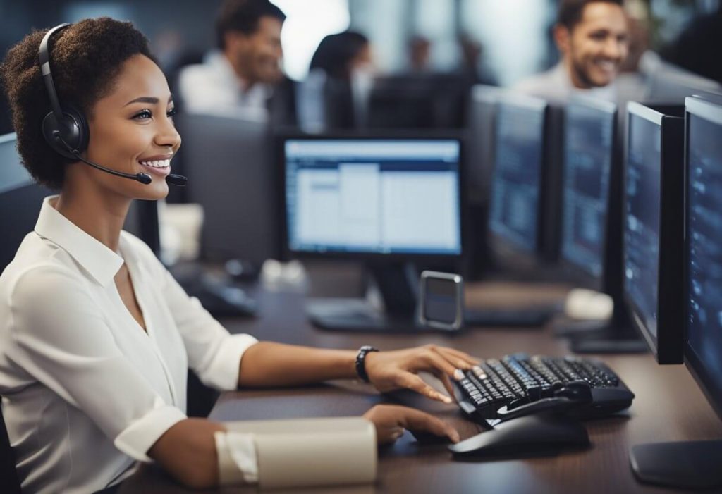 A customer service representative smiling while using a computer to interact with customers through various communication channels