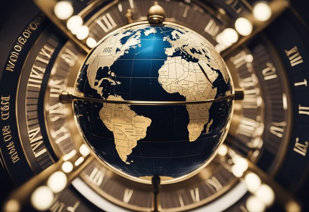 A globe surrounded by clock faces showing different time zones, with a phone symbol indicating constant availability for global businesses