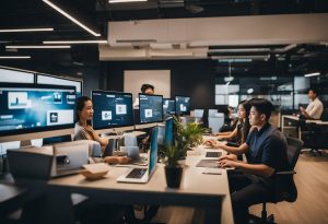 A group of social media managers in the Philippines collaborating in a modern office space with computers and vibrant decor