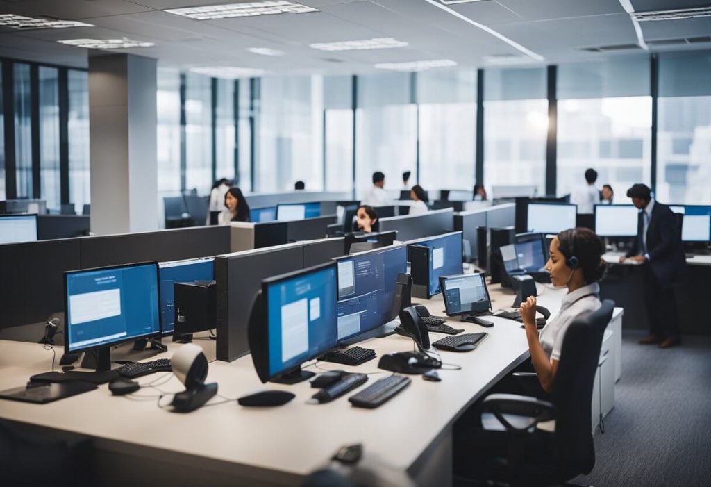 A bustling global business office with phones ringing and a 24/7 live answering service team assisting customers from around the world