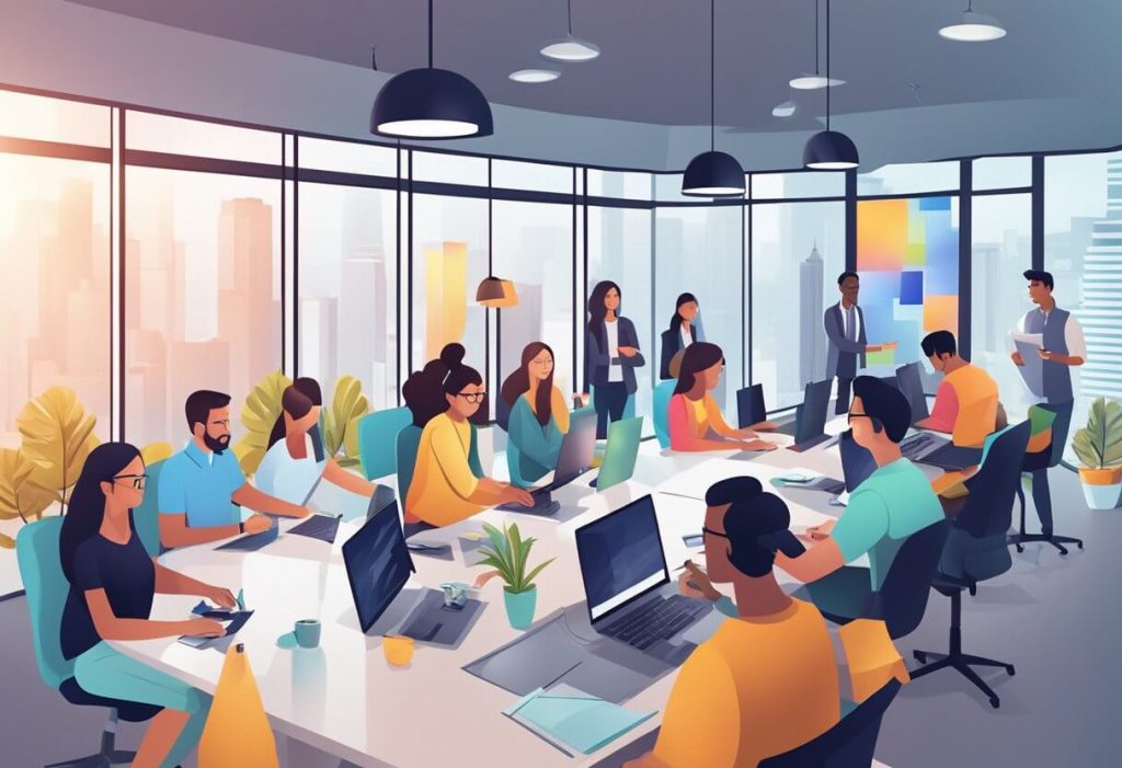 A group of diverse professionals brainstorming and working together
