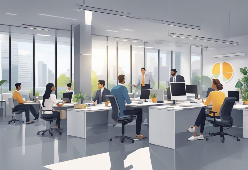 A group of diverse professionals collaborate in a modern office setting in the Philippines