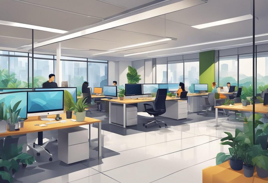 A modern office space in the Philippines with a team of professionals collaborating on projects