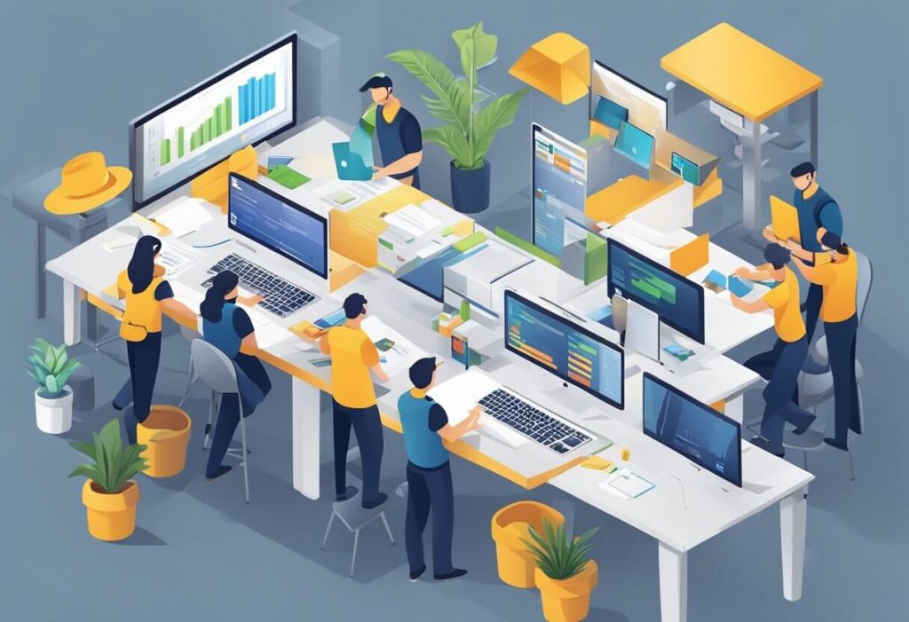 A team of workers collaborate on a digital project