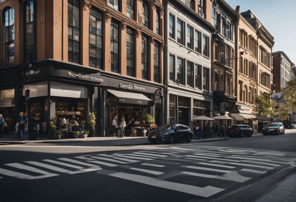 A bustling city street with various businesses, each with a Google My Business profile displayed on their storefront windows. The businesses with the most optimized profiles appear at the top of local search results