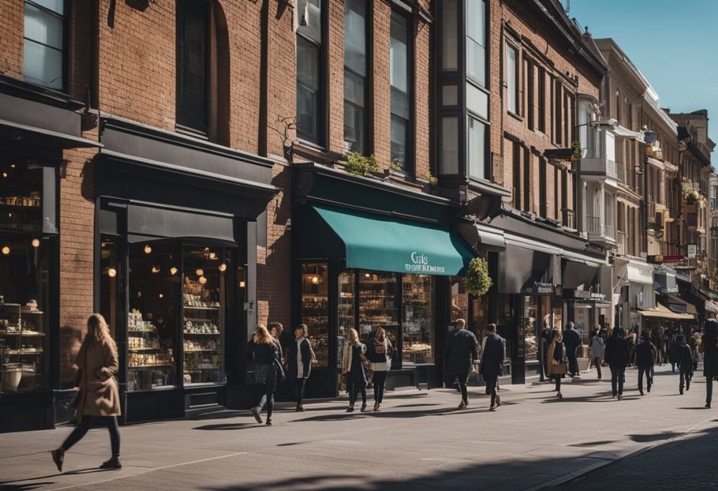 A bustling city street with vibrant storefronts and a prominent Google My Business listing displayed on a storefront window. Nearby, people are engaging with the business