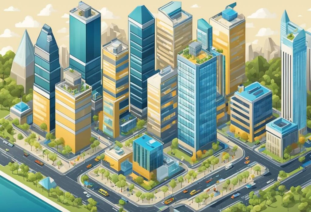 A bustling offshore city skyline with diverse professionals collaborating in modern office spaces