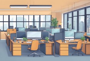 A cozy office space with modern computers and equipment