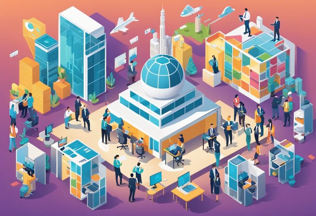 A diverse group of professionals collaborating in a modern office setting