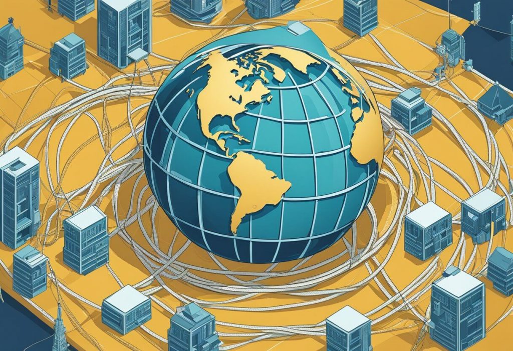 A globe surrounded by tangled ropes, with a spotlight shining on it