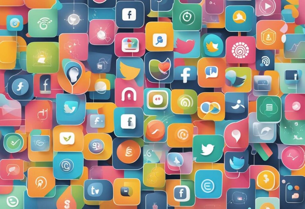A colorful network of interconnected social media icons and data charts, representing the complex web of analytics and insights for business growth