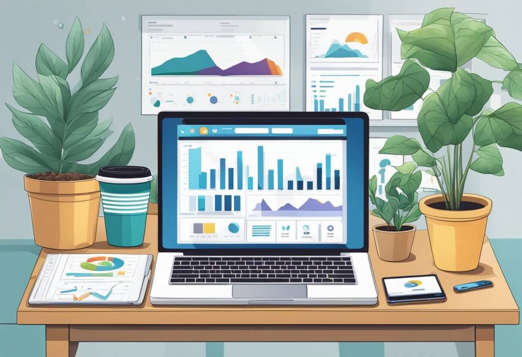 A laptop displaying various social media analytics graphs and charts, with a cup of coffee and a potted plant on a desk