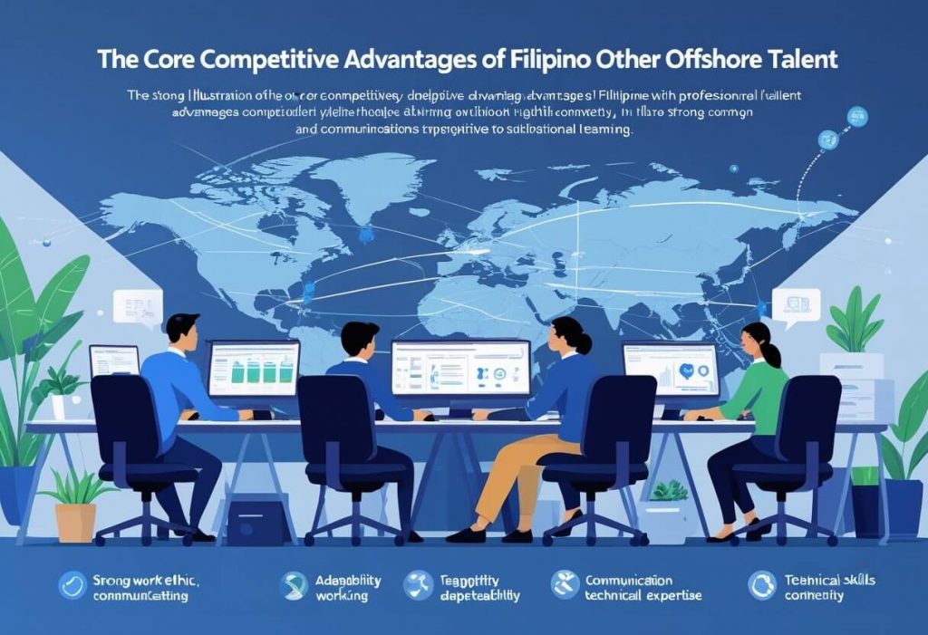 A group of Filipino professionals collaborating in a modern office with digital devices and a world map showing global connections.