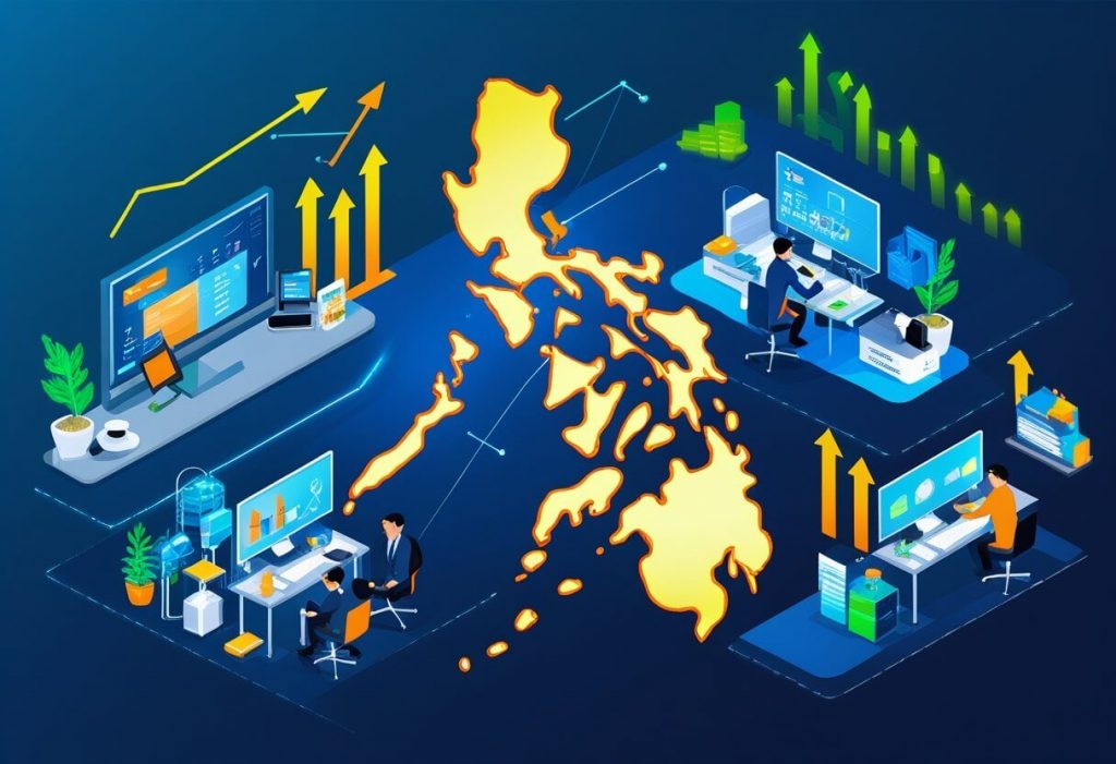 A group of Filipino professionals working together around a glowing map of the Philippines with symbols of technology and growth in the background.