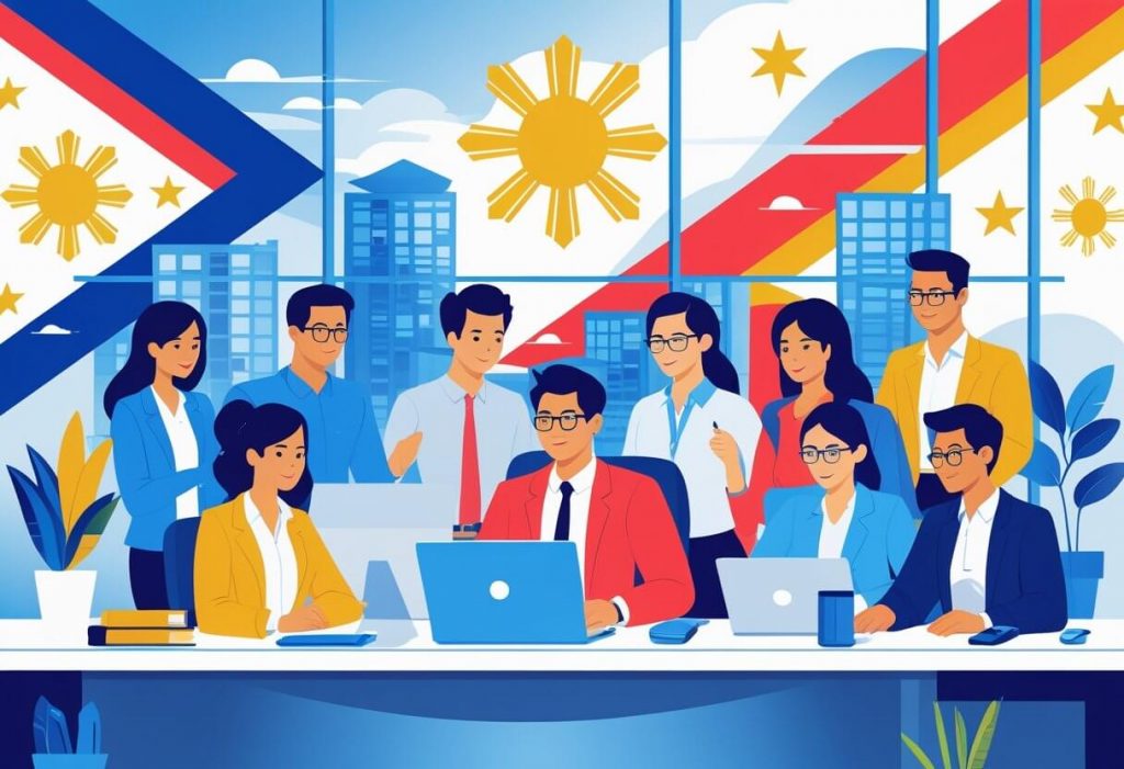 A group of Filipino professionals working together in a modern office with Philippine landmarks subtly shown in the background.