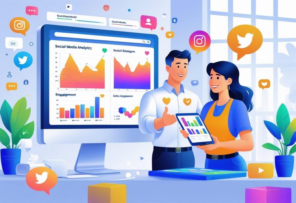 A small business owner and a social media expert reviewing social media analytics and sales growth charts together in an office.