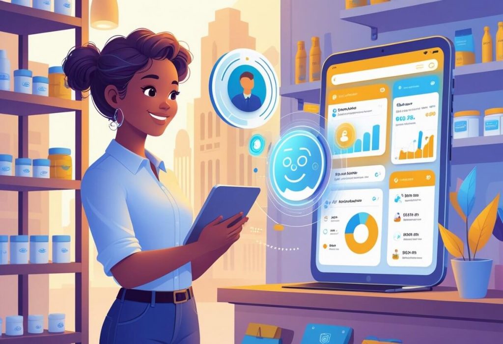 A small business owner uses a virtual assistant on a digital device to manage their shop, with large corporate buildings visible in the background.