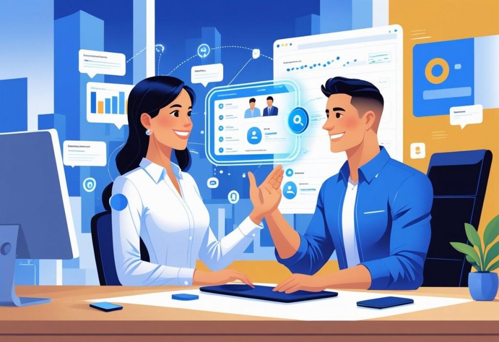 A small business owner using a virtual assistant hologram in an office filled with digital data and communication icons, symbolizing competition with large brands.