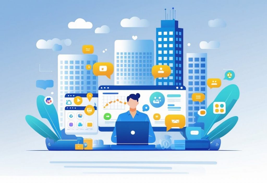 A small business owner working at a desk with digital icons around representing virtual assistant tasks, with large corporate buildings in the background symbolizing big brands.