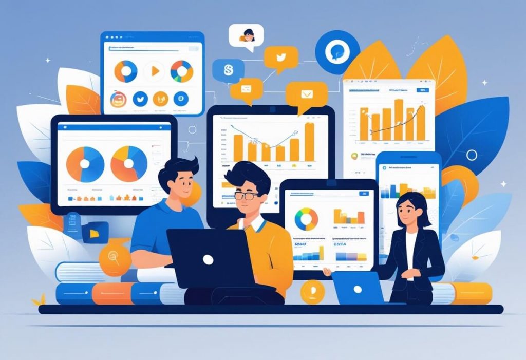 A small business owner working with a remote social media team, surrounded by devices showing analytics and growth charts.
