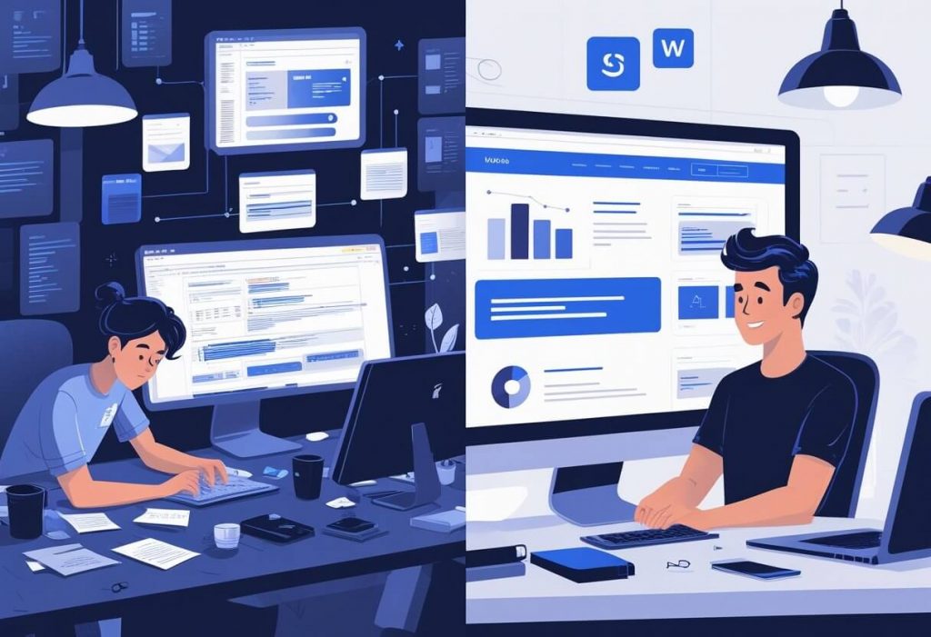 A split scene showing a person working on website design at a cluttered desk on one side, and a professional developer collaborating with a client in a modern office on the other side.